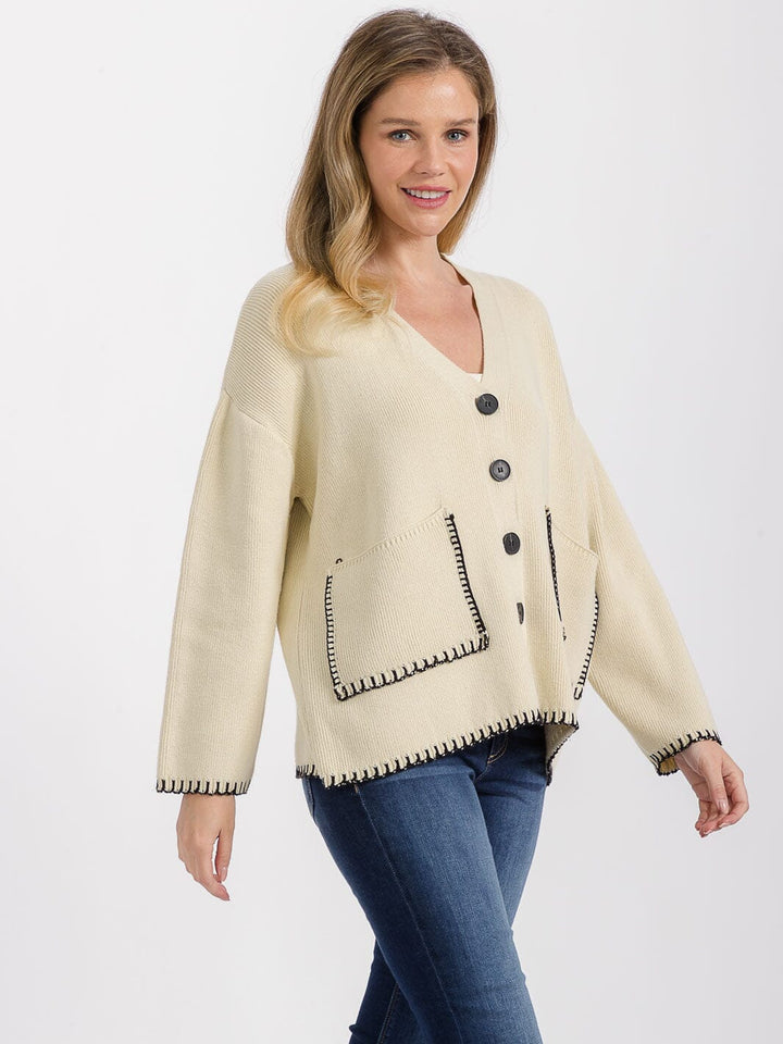 WOMEN'S LONG SLEEVE FRONT POCKETS BUTTON CLOSURE TRIM DETAILED CARDIGAN