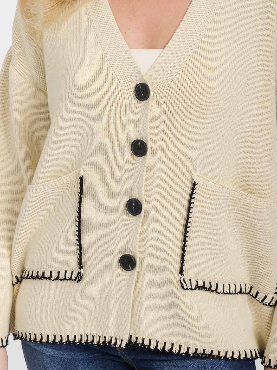 WOMEN'S LONG SLEEVE FRONT POCKETS BUTTON CLOSURE TRIM DETAILED CARDIGAN
