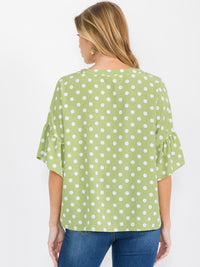 WOMEN'S SHORT RUFFLE SLEEVES BUTTON CLOSURE POLKA DOTS BLOUSE