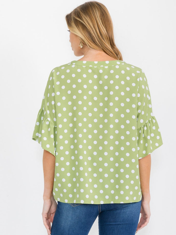 WOMEN'S SHORT RUFFLE SLEEVES BUTTON CLOSURE POLKA DOTS BLOUSE