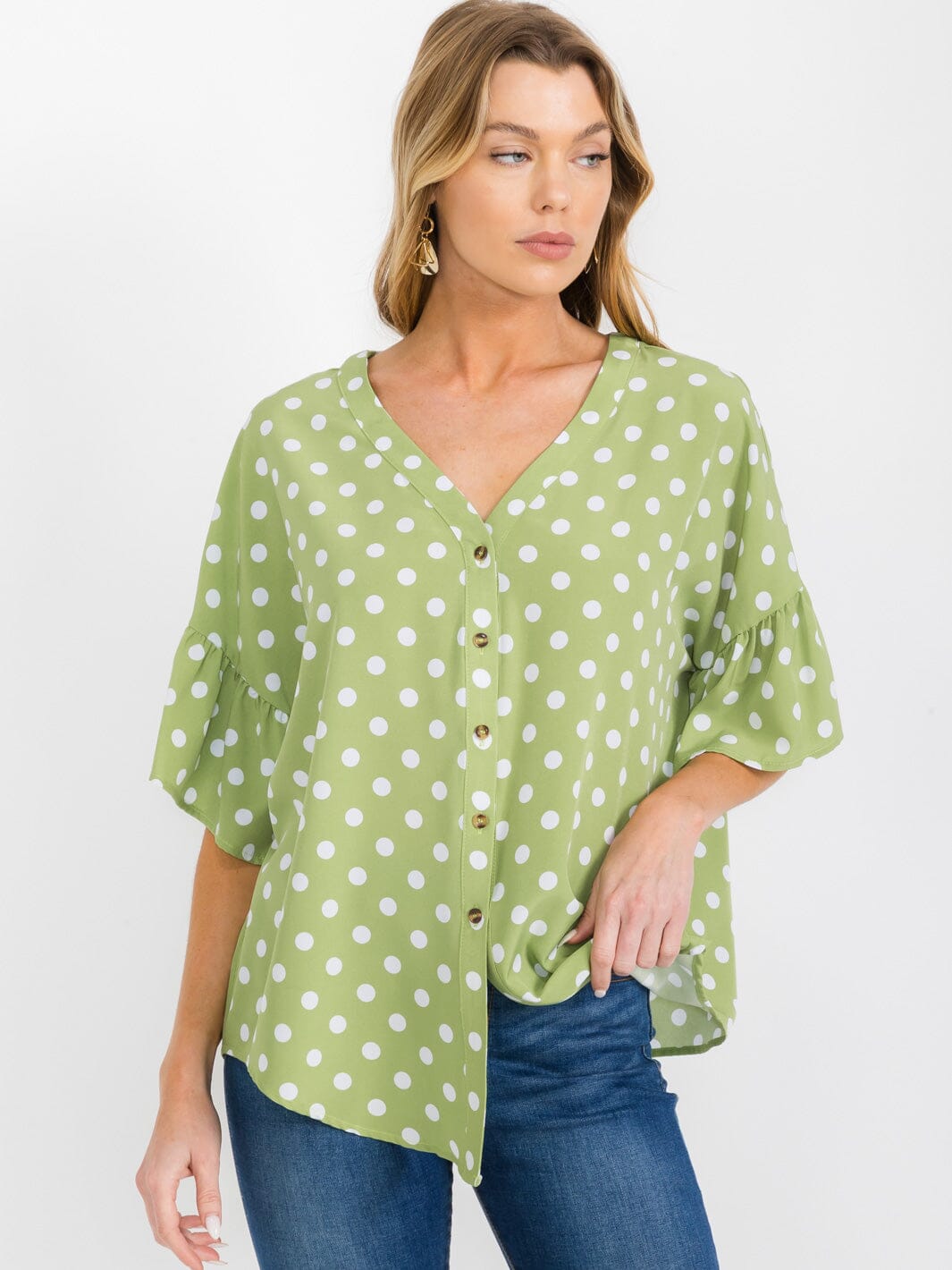 WOMEN'S SHORT RUFFLE SLEEVES BUTTON CLOSURE POLKA DOTS BLOUSE