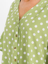 WOMEN'S SHORT RUFFLE SLEEVES BUTTON CLOSURE POLKA DOTS BLOUSE