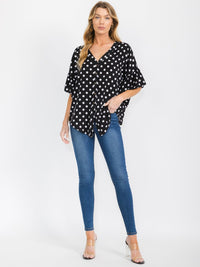WOMEN'S SHORT RUFFLE SLEEVES BUTTON CLOSURE POLKA DOTS BLOUSE