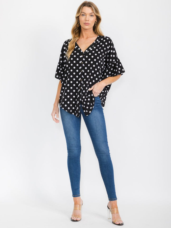 WOMEN'S SHORT RUFFLE SLEEVES BUTTON CLOSURE POLKA DOTS BLOUSE