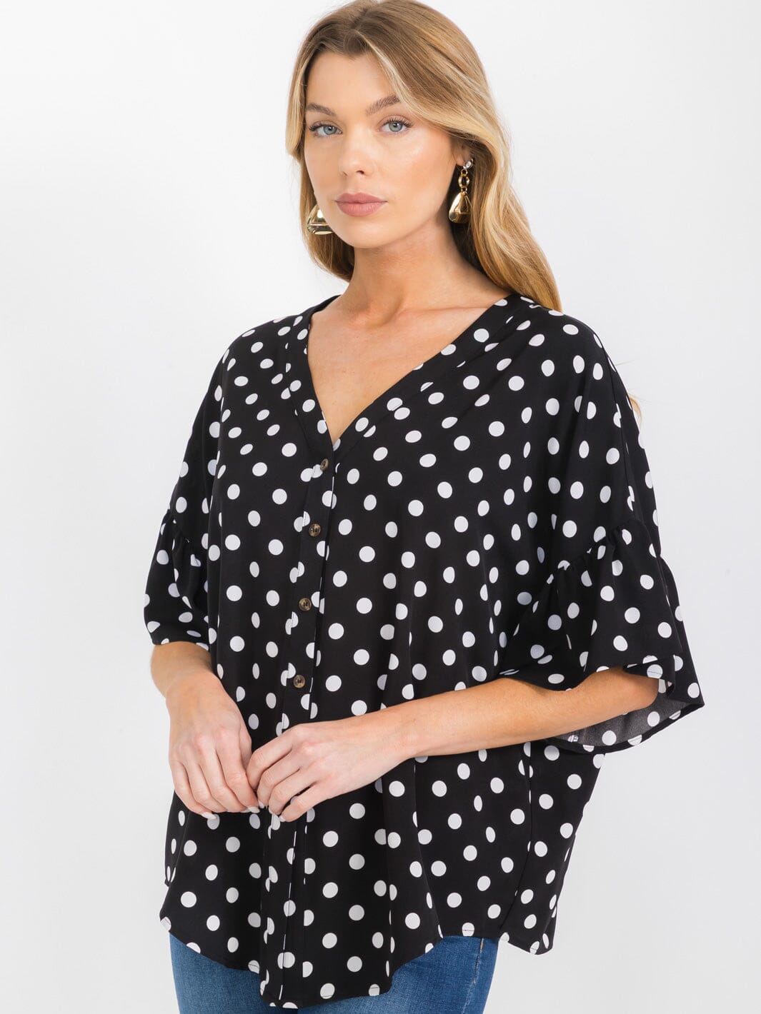 WOMEN'S SHORT RUFFLE SLEEVES BUTTON CLOSURE POLKA DOTS BLOUSE