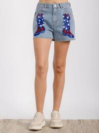 WOMEN'S BUTTON CLOSURE FRONT POCKET GRAPHIC SEQUINS PATRIOTIC DENIM MINI SHORT