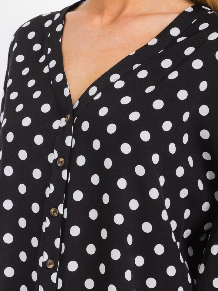 WOMEN'S SHORT RUFFLE SLEEVES BUTTON CLOSURE POLKA DOTS BLOUSE