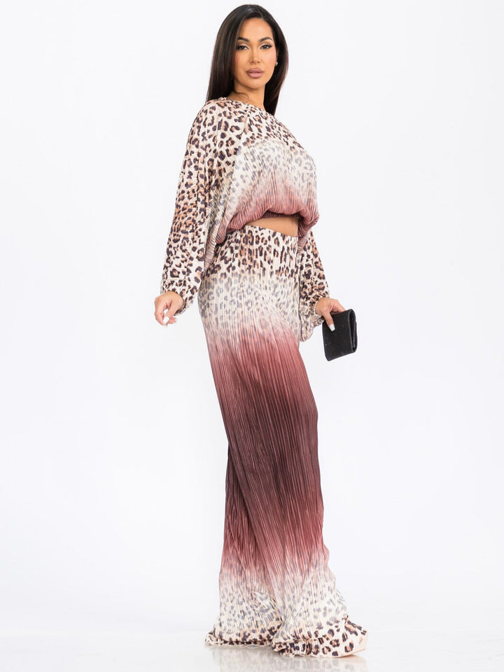 WOMEN'S LONG SLEEVE TOP & WIDE LEG PANTS ANIMAL PRINT 2PC. SET