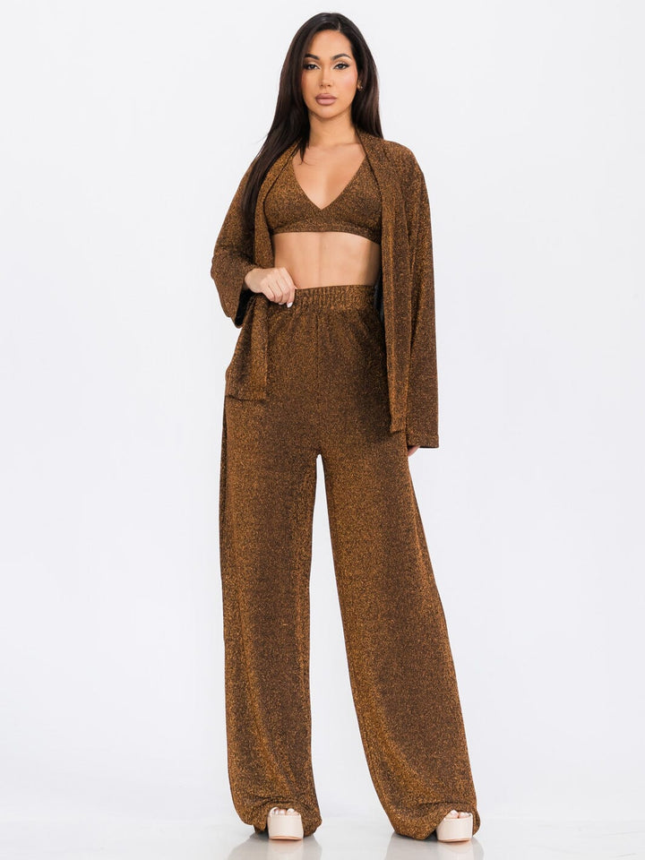 WOMEN'S LONG SLEEVE CARDIGAN WITH CROP TOP & WIDE LEG PANTS SHIMMER 3PC. SET