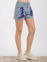 WOMEN'S BUTTON CLOSURE FRONT POCKET GRAPHIC SEQUINS PATRIOTIC DENIM MINI SHORT