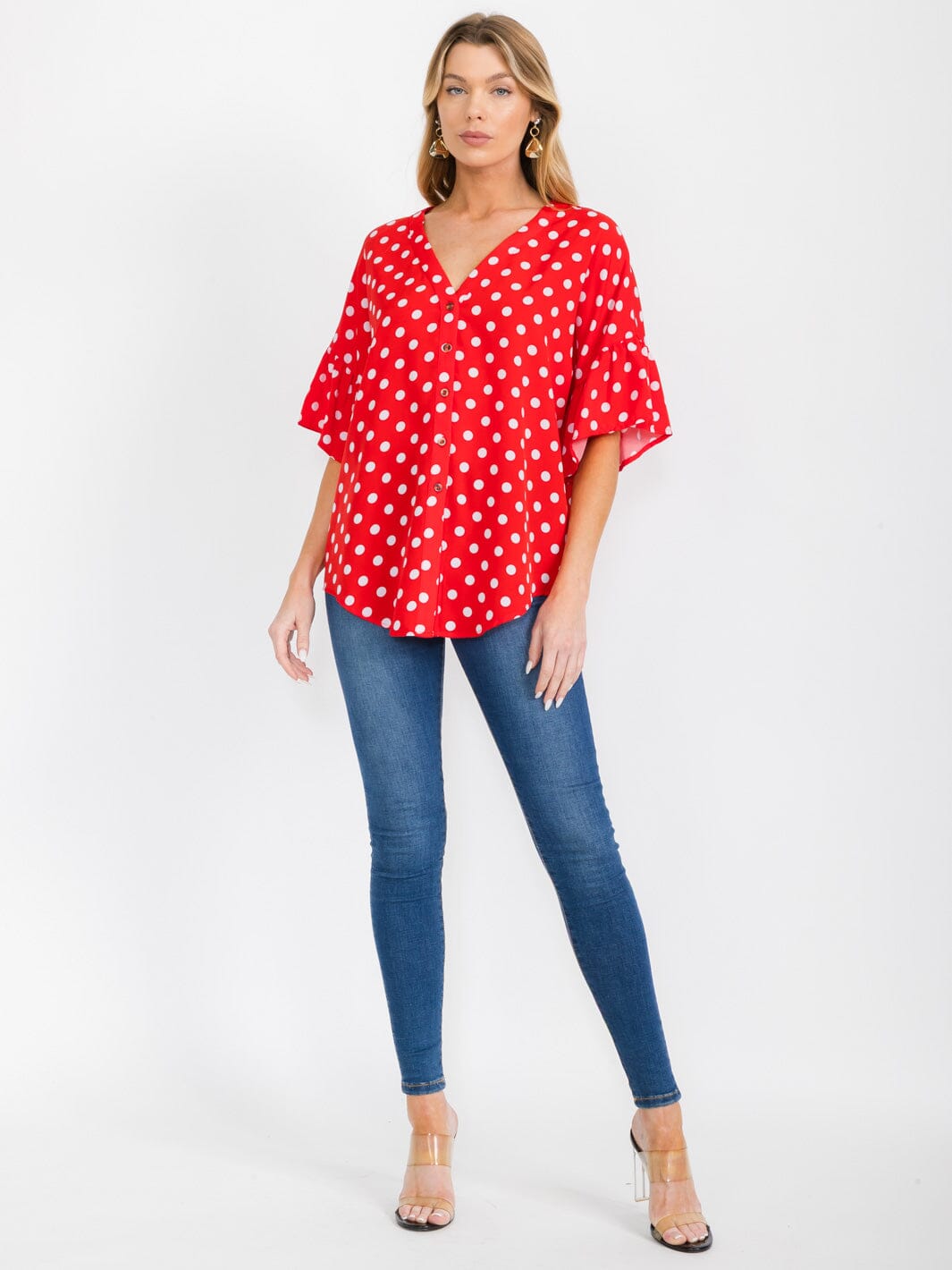 WOMEN'S SHORT RUFFLE SLEEVES BUTTON CLOSURE POLKA DOTS BLOUSE