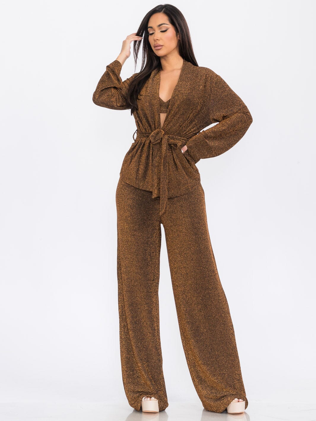 WOMEN'S LONG SLEEVE CARDIGAN WITH CROP TOP & WIDE LEG PANTS SHIMMER 3PC. SET