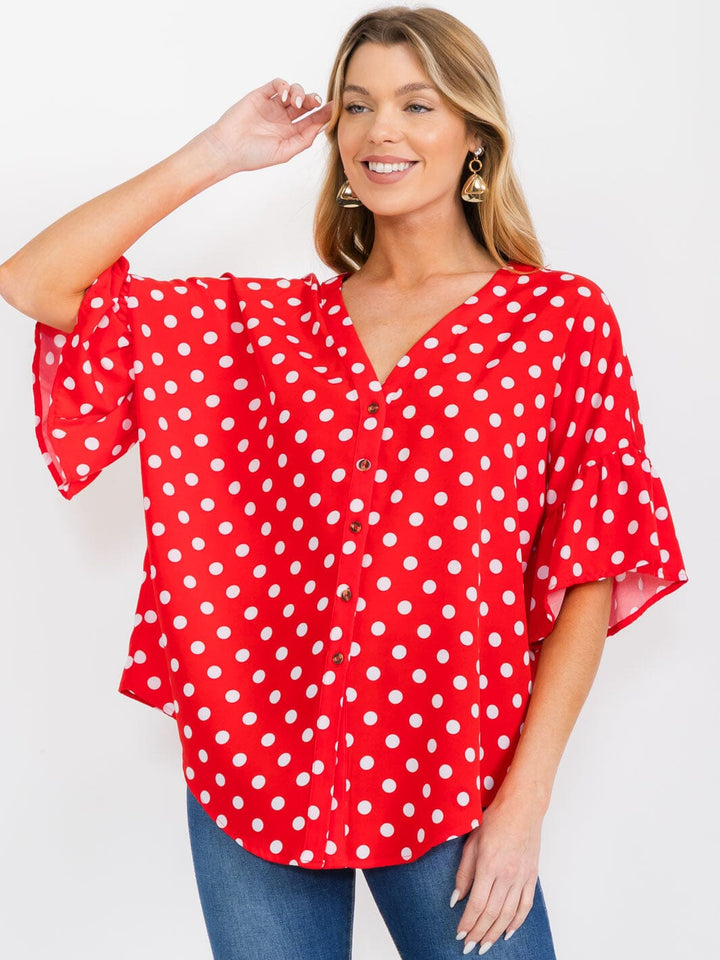 WOMEN'S SHORT RUFFLE SLEEVES BUTTON CLOSURE POLKA DOTS BLOUSE