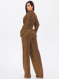 WOMEN'S LONG SLEEVE CARDIGAN WITH CROP TOP & WIDE LEG PANTS SHIMMER 3PC. SET