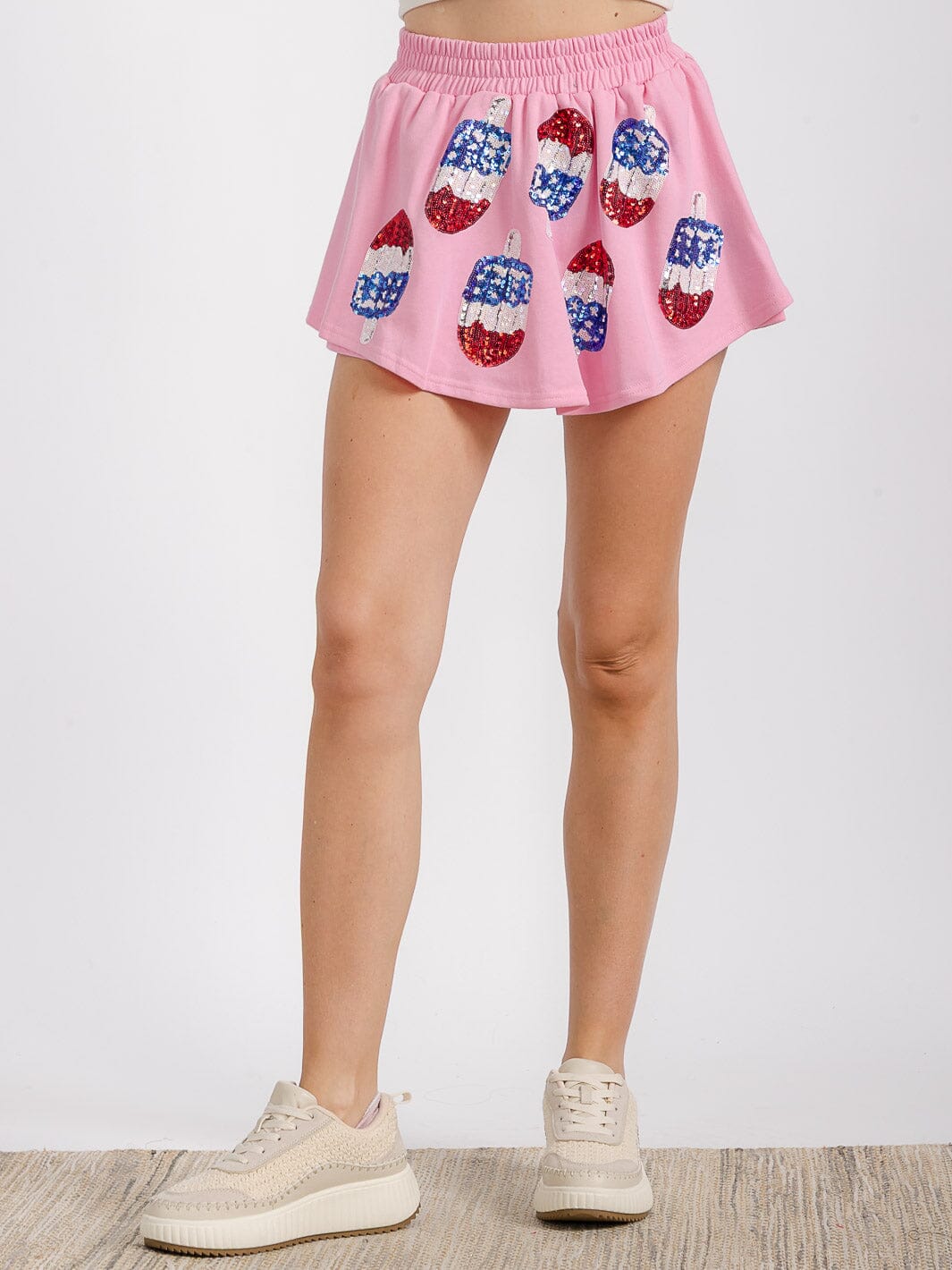 WOMEN'S ELASTIC WAIST GRAPHIC SEQUINS PATRIOTIC MINI SHORT