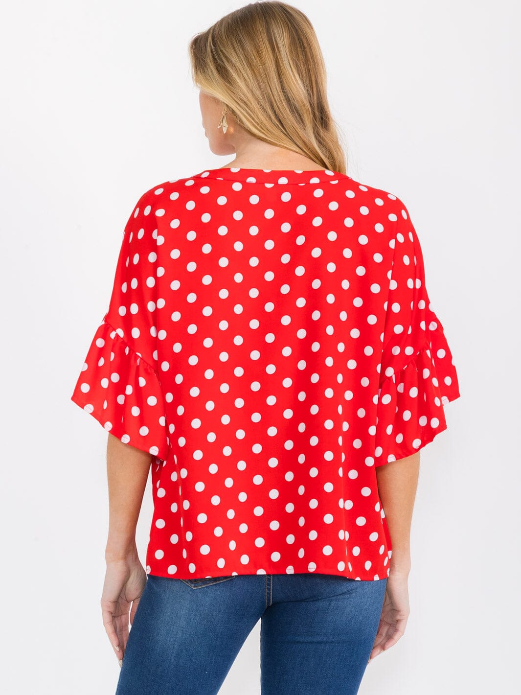WOMEN'S SHORT RUFFLE SLEEVES BUTTON CLOSURE POLKA DOTS BLOUSE
