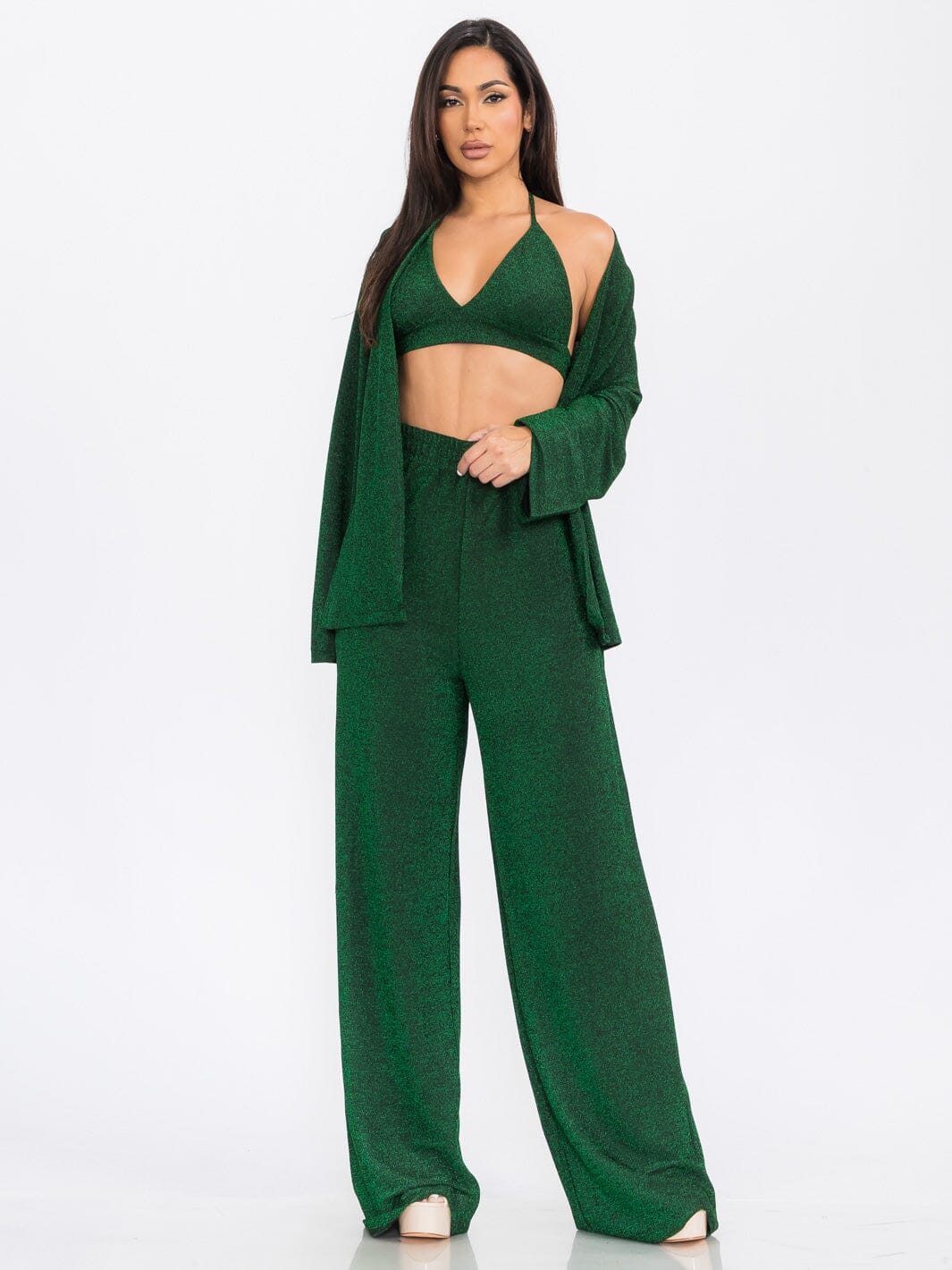 WOMEN'S LONG SLEEVE CARDIGAN WITH CROP TOP & WIDE LEG PANTS SHIMMER 3PC. SET