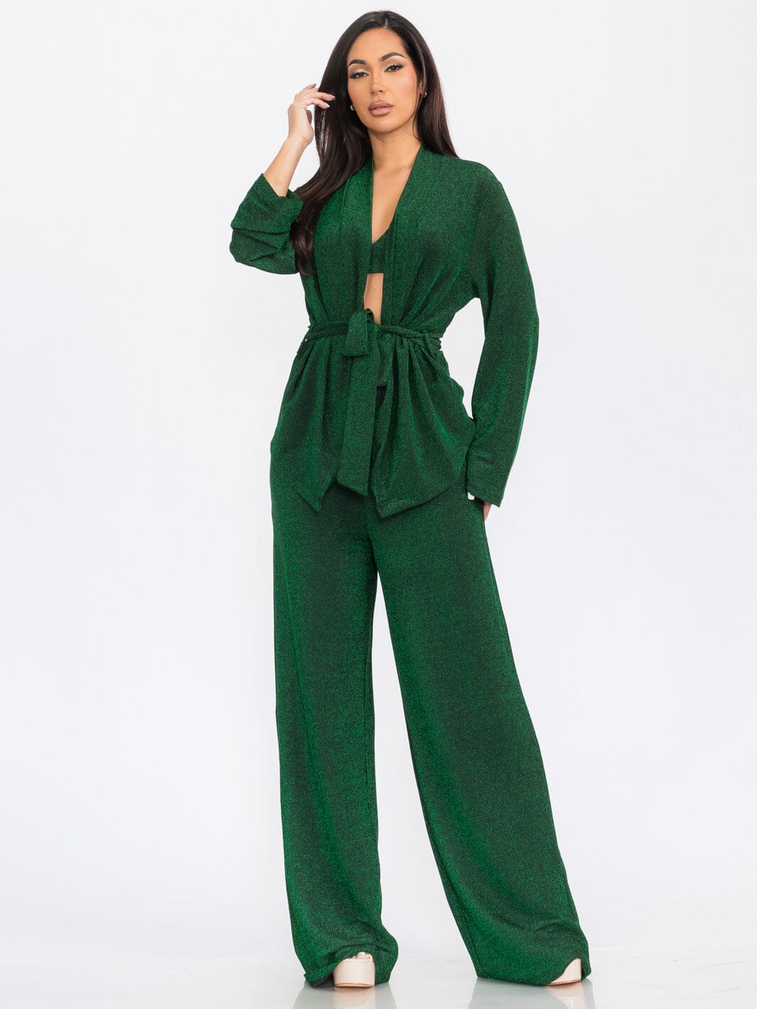 WOMEN'S LONG SLEEVE CARDIGAN WITH CROP TOP & WIDE LEG PANTS SHIMMER 3PC. SET