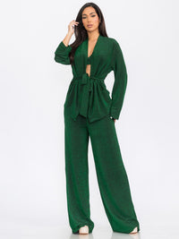 WOMEN'S LONG SLEEVE CARDIGAN WITH CROP TOP & WIDE LEG PANTS SHIMMER 3PC. SET