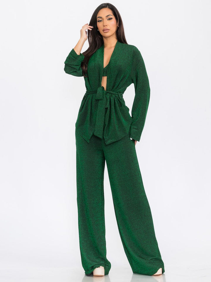 WOMEN'S LONG SLEEVE CARDIGAN WITH CROP TOP & WIDE LEG PANTS SHIMMER 3PC. SET