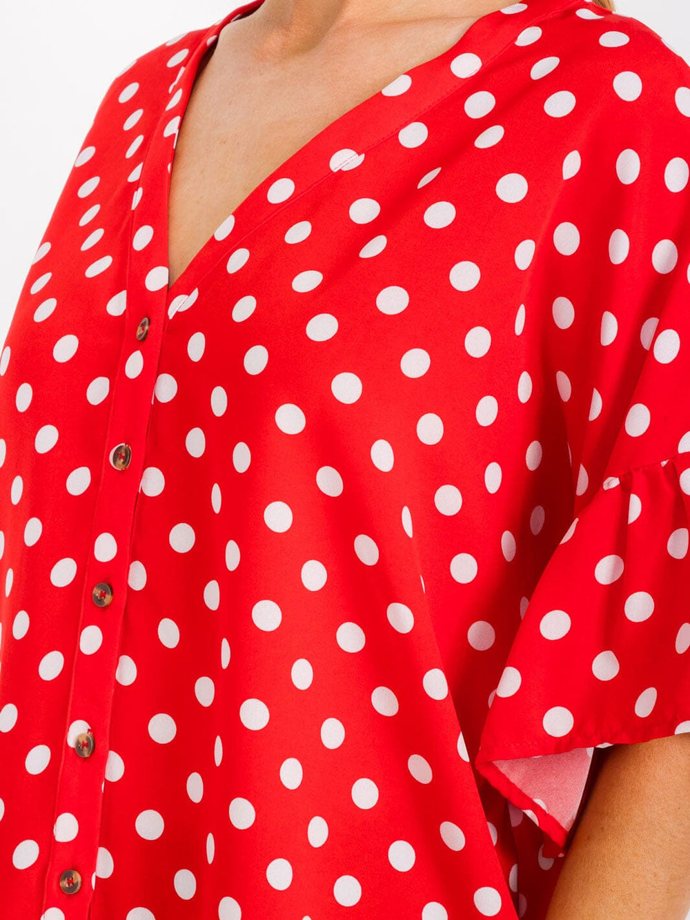 WOMEN'S SHORT RUFFLE SLEEVES BUTTON CLOSURE POLKA DOTS BLOUSE