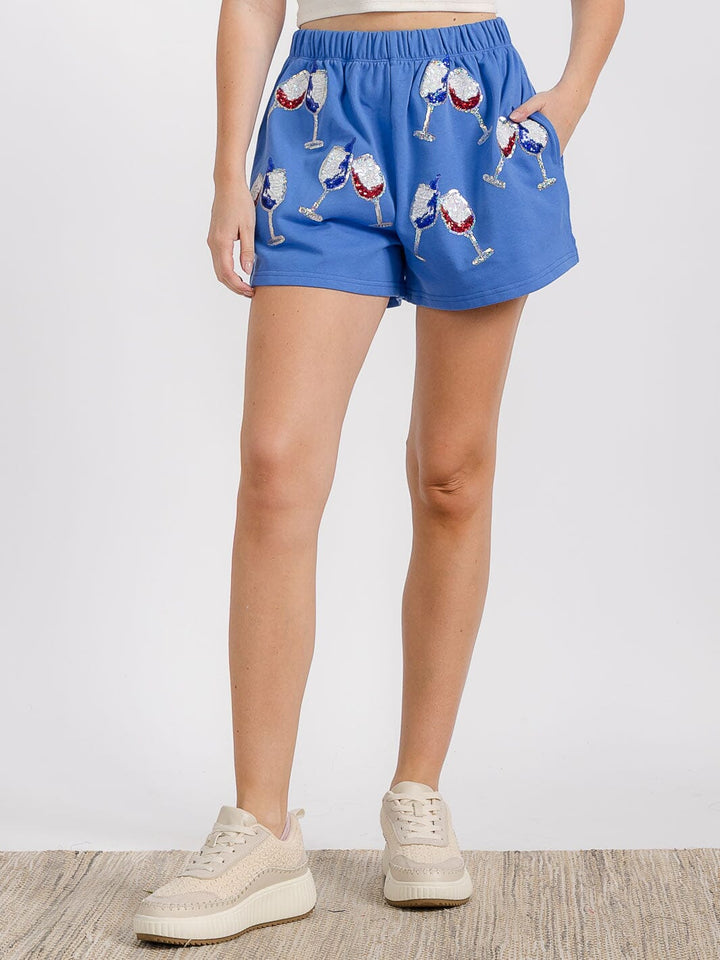 WOMEN'S ELASTIC WAIST FRONT POCKET GRAPHIC SEQUINS PATRIOTIC MINI SHORT