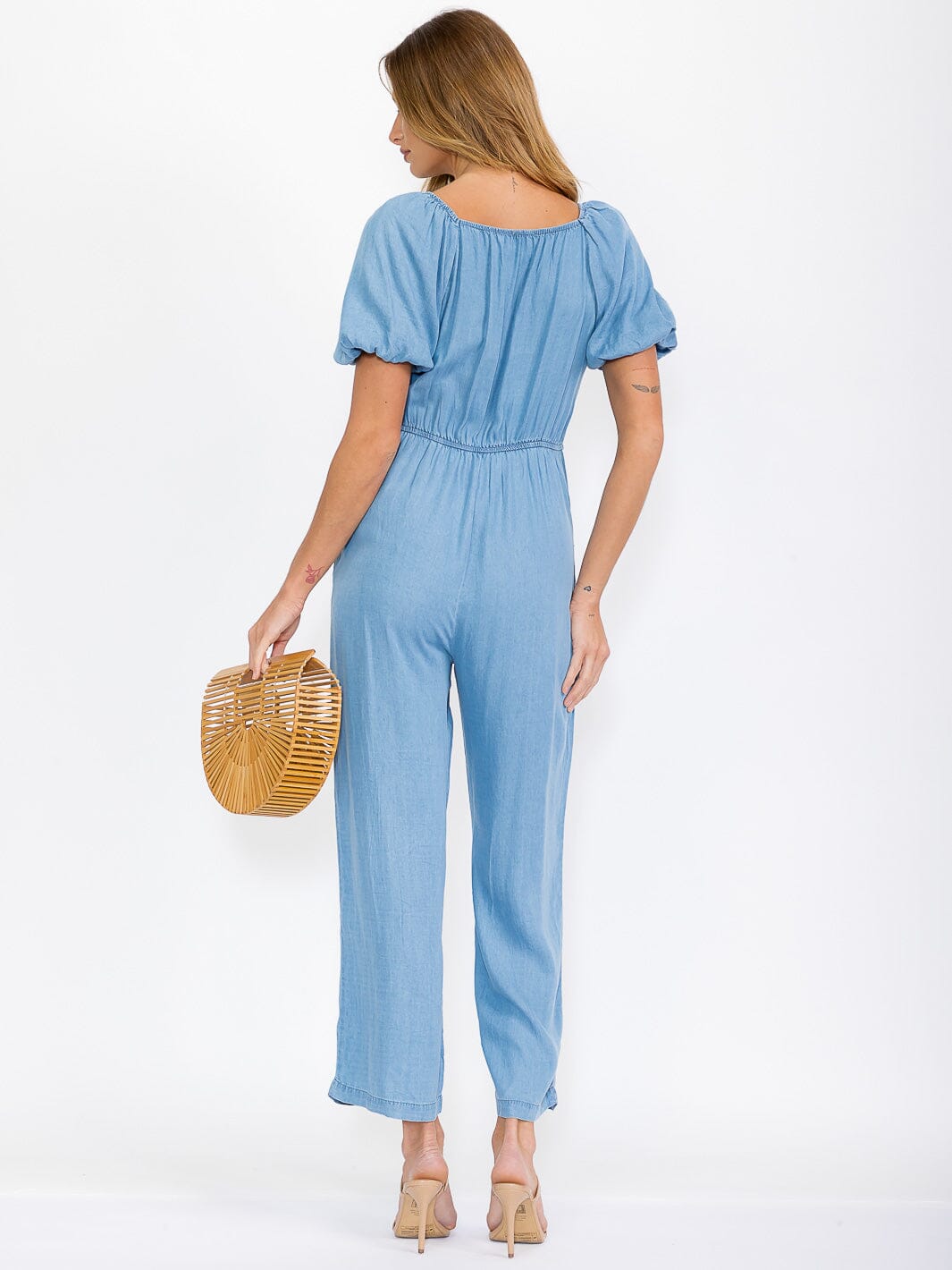 WOMEN'S SHORT PUFF SLEEVE POCKETS SMOCK WIDE LEG CHAMBRAY JUMPSUIT