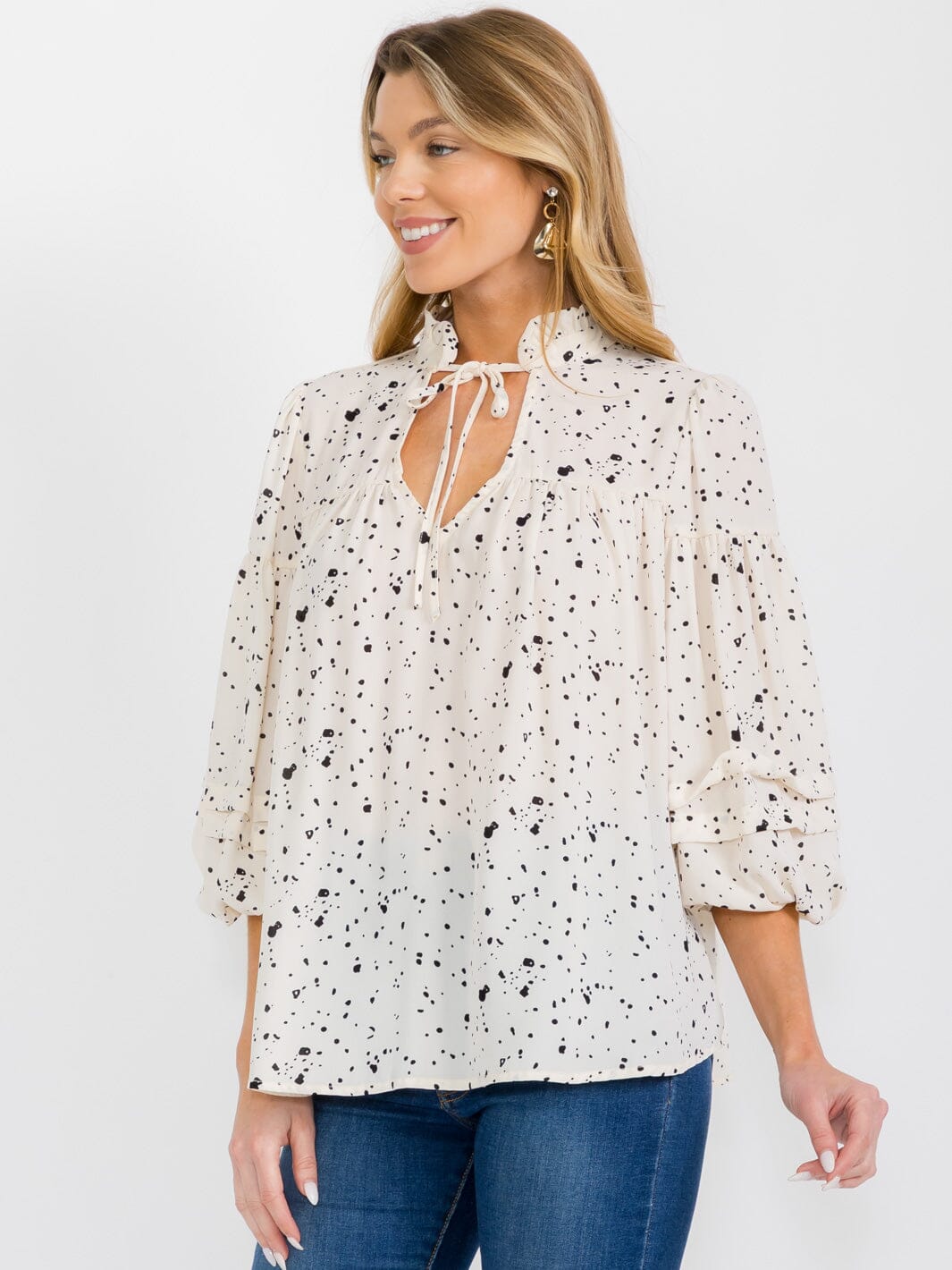 WOMEN'S 3/4 PUFF SLEEVES V-NECK ANIMAL PRINT BLOUSE