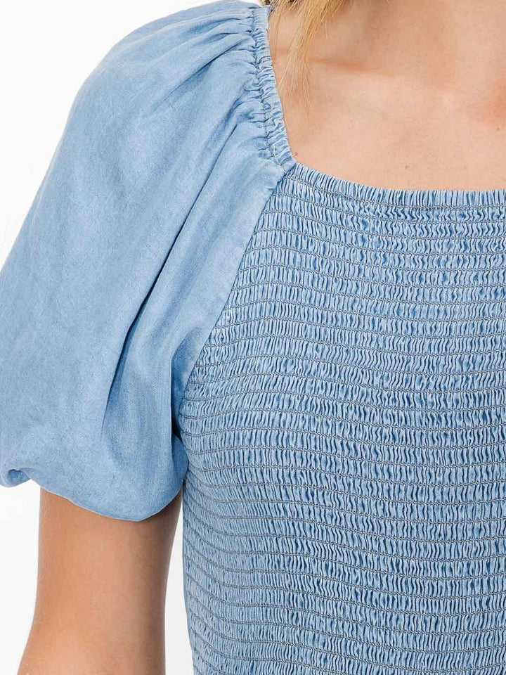 WOMEN'S SHORT PUFF SLEEVE POCKETS SMOCK WIDE LEG CHAMBRAY JUMPSUIT