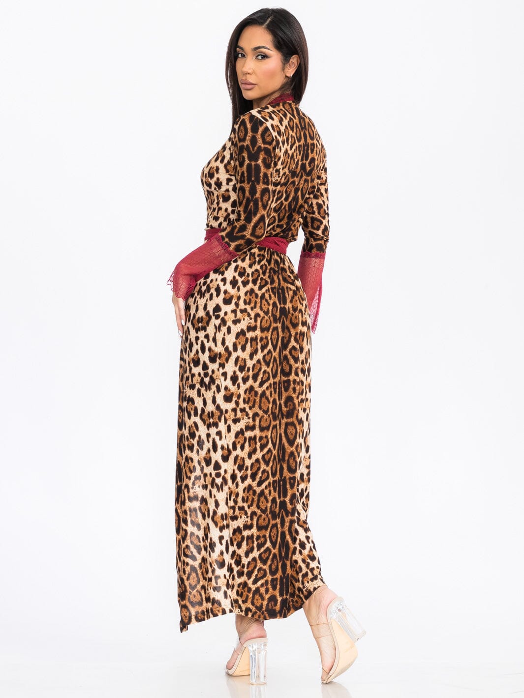 WOMEN'S LONG SLEEVE SELF TIE ANIMAL PRINT WRAP MAXI DRESS