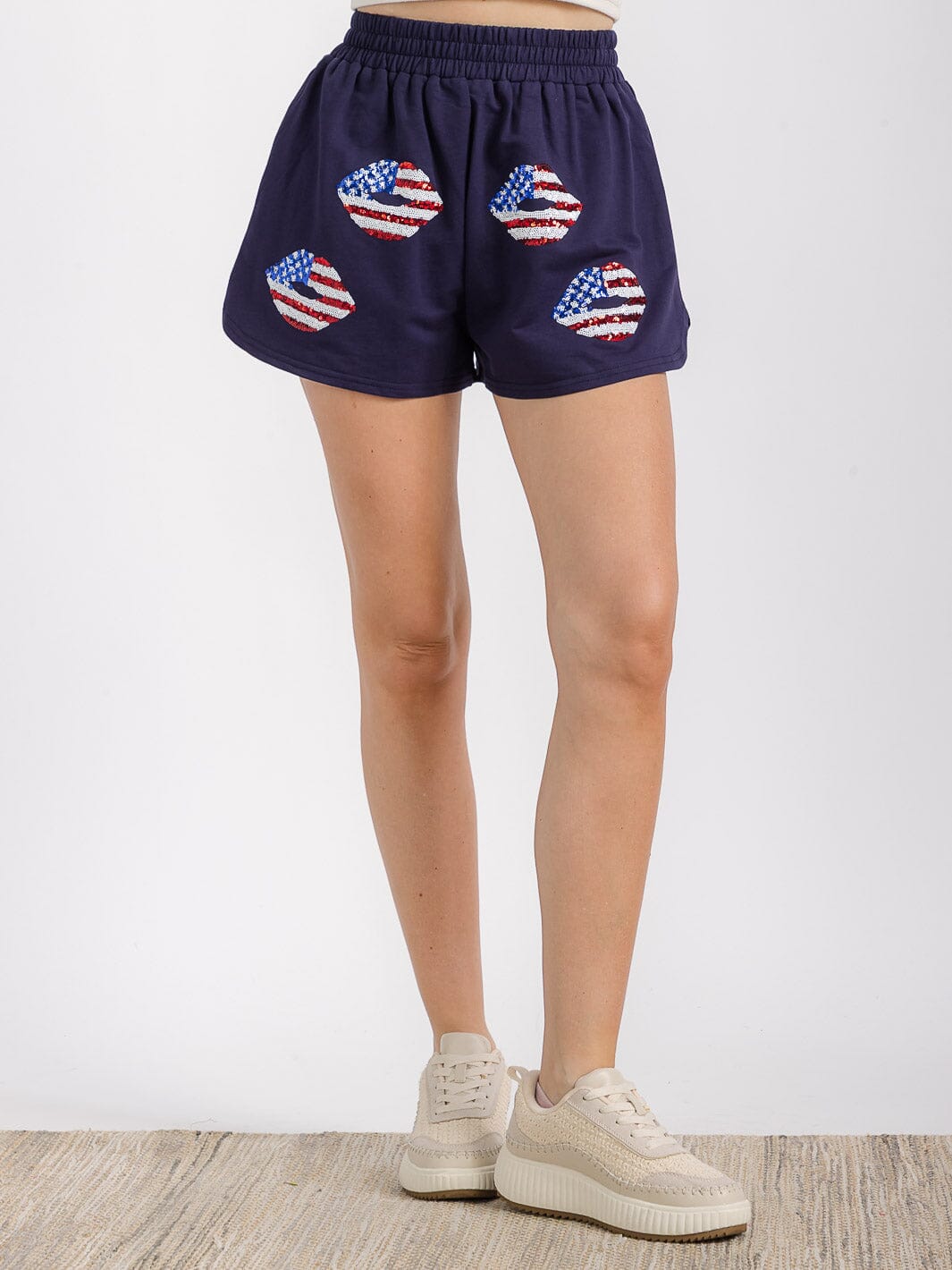 WOMEN'S ELASTIC WAIST FRONT POCKET GRAPHIC SEQUINS PATRIOTIC MINI SHORT