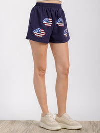 WOMEN'S ELASTIC WAIST FRONT POCKET GRAPHIC SEQUINS PATRIOTIC MINI SHORT
