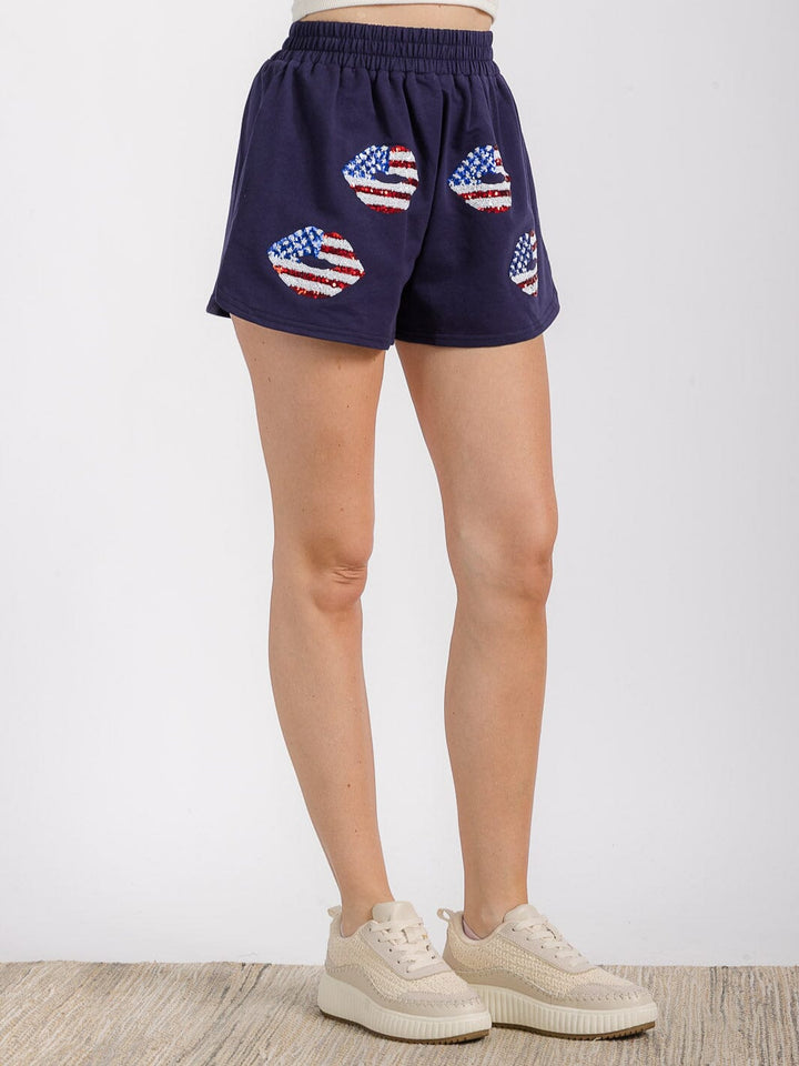 WOMEN'S ELASTIC WAIST FRONT POCKET GRAPHIC SEQUINS PATRIOTIC MINI SHORT