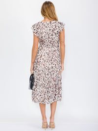 WOMEN'S SHORT SLEEVE V-NECK ELASTIC WAIST ANIMAL PRINT MIDI DRESS