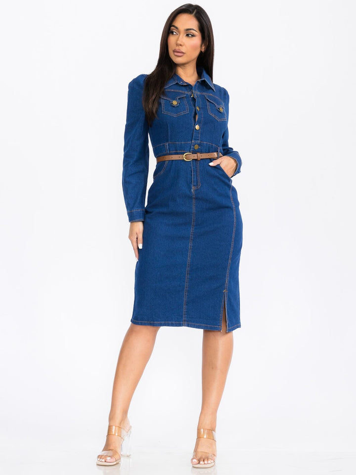 WOMEN'S LONG SLEEVE BUTTON UP FRONT BELT POCKETS DENIM MIDI DRESS