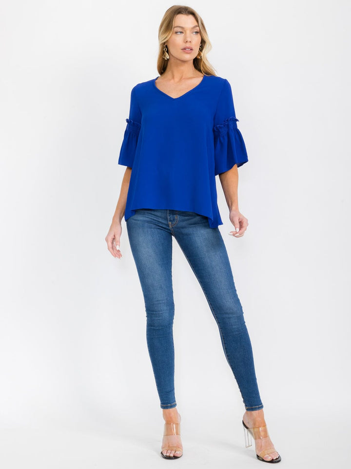 WOMEN'S SHORT RUFFLE SLEEVES V-NECK BLOUSE