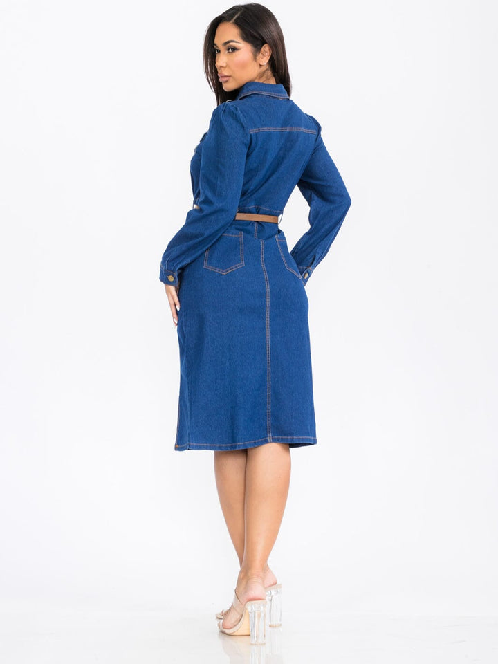 WOMEN'S LONG SLEEVE BUTTON UP FRONT BELT POCKETS DENIM MIDI DRESS