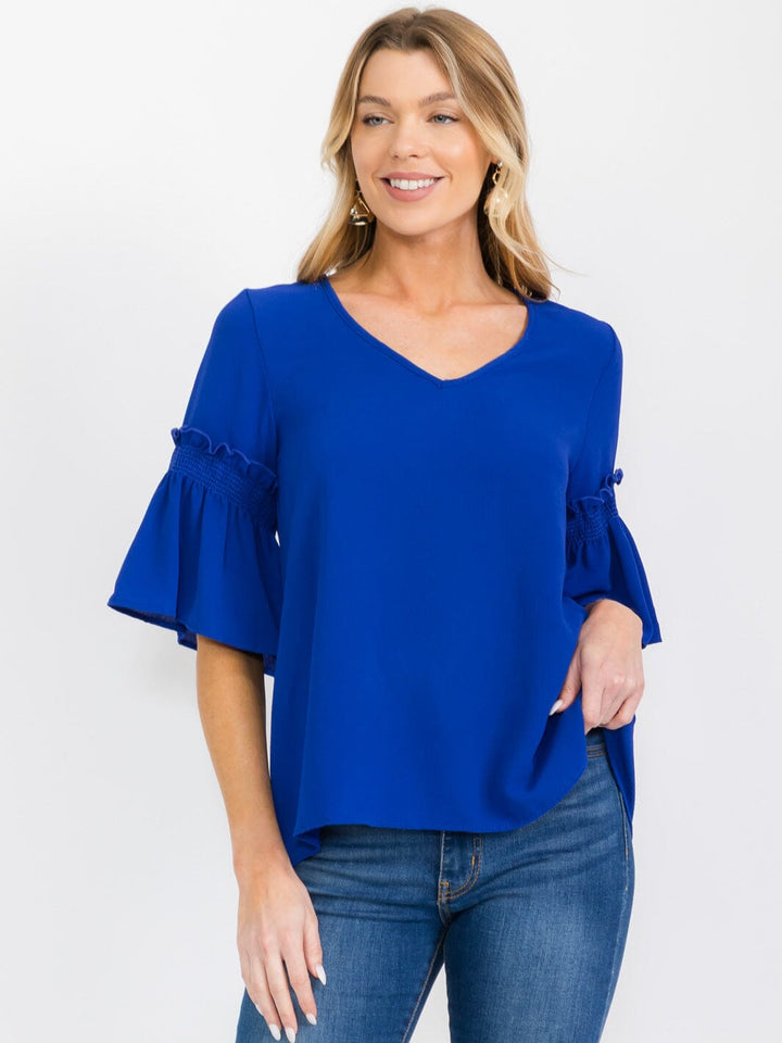 WOMEN'S SHORT RUFFLE SLEEVES V-NECK BLOUSE