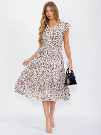 WOMEN'S SHORT SLEEVE V-NECK ELASTIC WAIST ANIMAL PRINT MIDI DRESS
