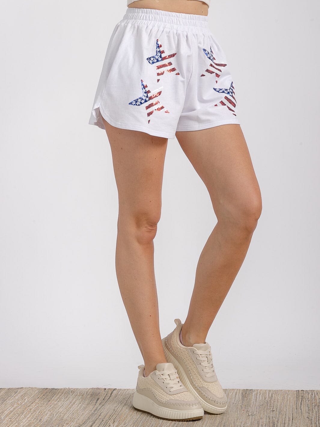 WOMEN'S ELASTIC WAIST FRONT POCKET GRAPHIC SEQUINS PATRIOTIC MINI SHORT