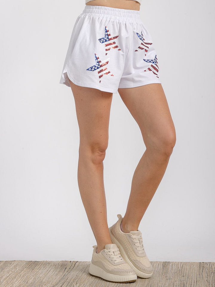 WOMEN'S ELASTIC WAIST FRONT POCKET GRAPHIC SEQUINS PATRIOTIC MINI SHORT