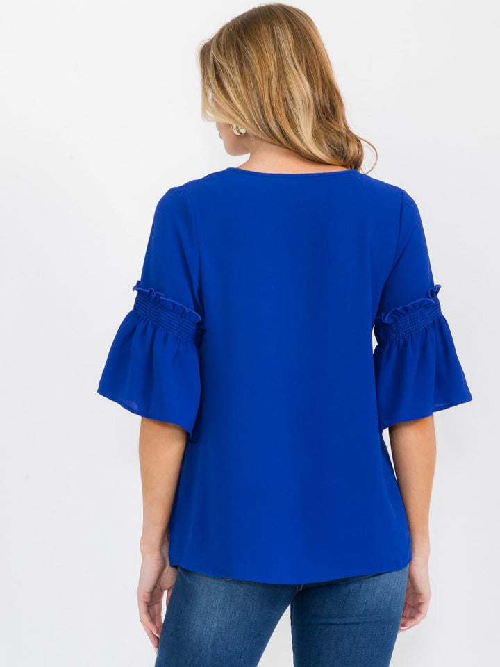 WOMEN'S SHORT RUFFLE SLEEVES V-NECK BLOUSE