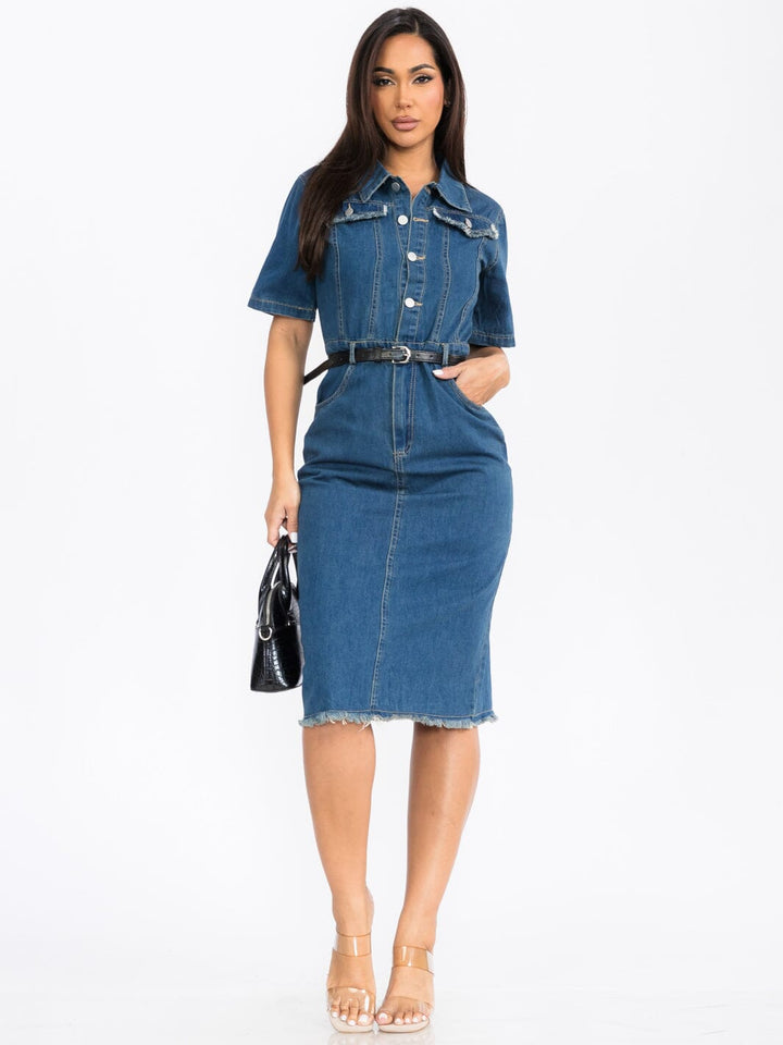 WOMEN'S SHORT SLEEVE BUTTON UP FRONT BELT DENIM MIDI DRESS
