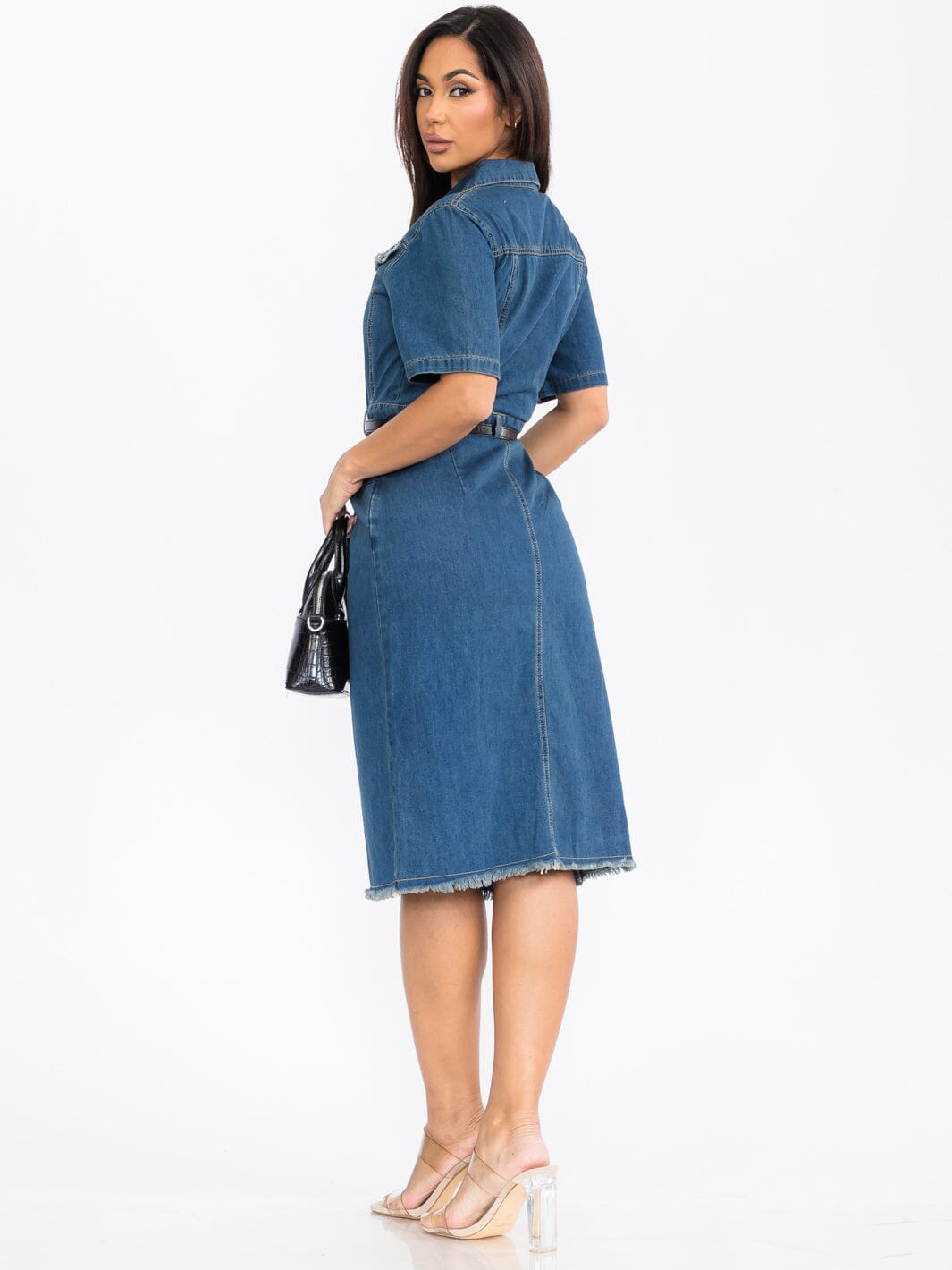 WOMEN'S SHORT SLEEVE BUTTON UP FRONT BELT DENIM MIDI DRESS
