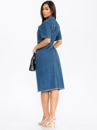 WOMEN'S SHORT SLEEVE BUTTON UP FRONT BELT DENIM MIDI DRESS