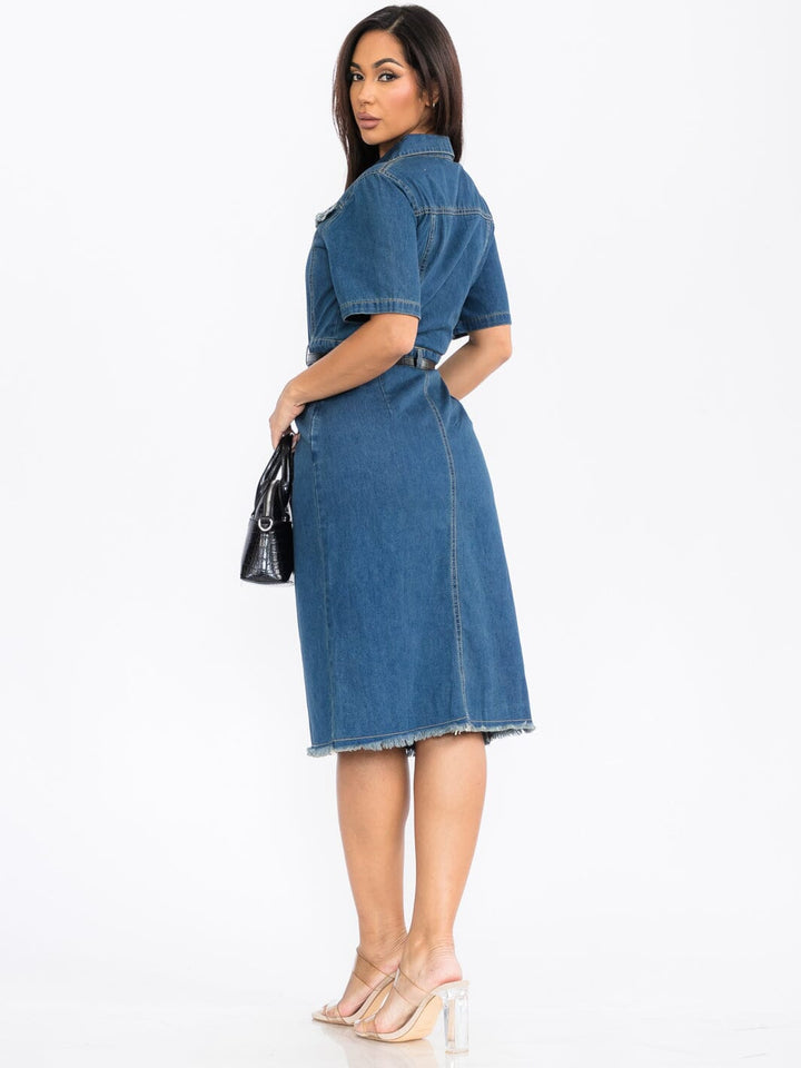 WOMEN'S SHORT SLEEVE BUTTON UP FRONT BELT DENIM MIDI DRESS