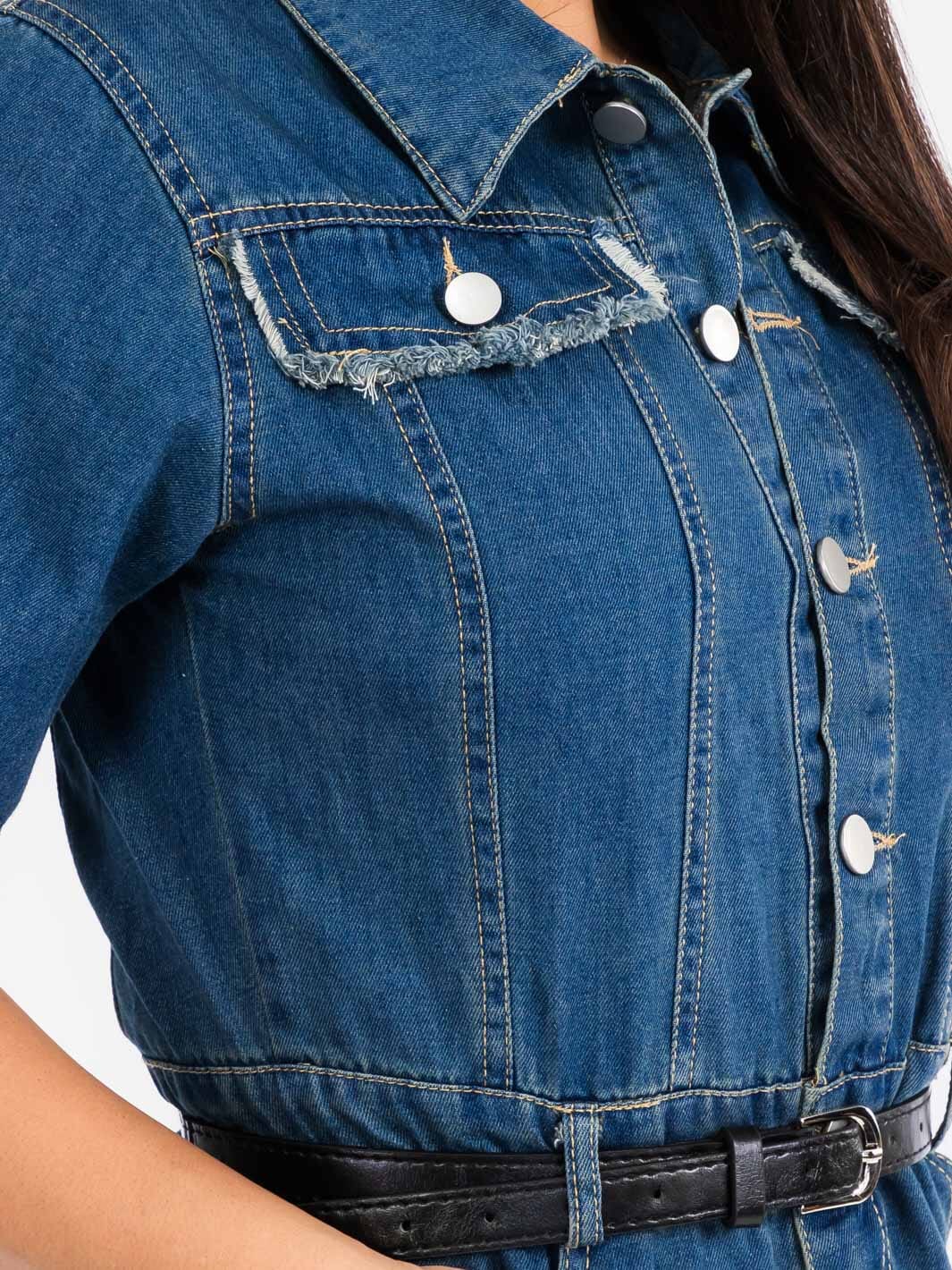 WOMEN'S SHORT SLEEVE BUTTON UP FRONT BELT DENIM MIDI DRESS