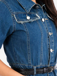 WOMEN'S SHORT SLEEVE BUTTON UP FRONT BELT DENIM MIDI DRESS