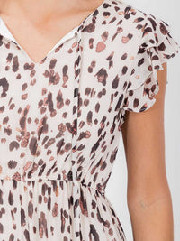 WOMEN'S SHORT SLEEVE V-NECK ELASTIC WAIST ANIMAL PRINT MIDI DRESS