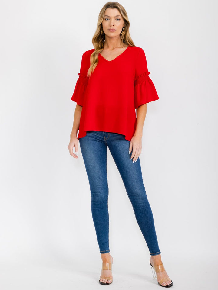 WOMEN'S SHORT RUFFLE SLEEVES V-NECK BLOUSE